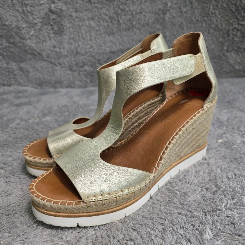 Gentle Souls T-Strap Gold‎ Metallic Leather Wedge Espadrille Womens 10 Excellent